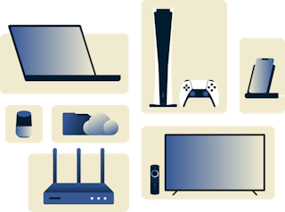 Illustrations of various devices: laptop, smart TV, game console, smartphone, router